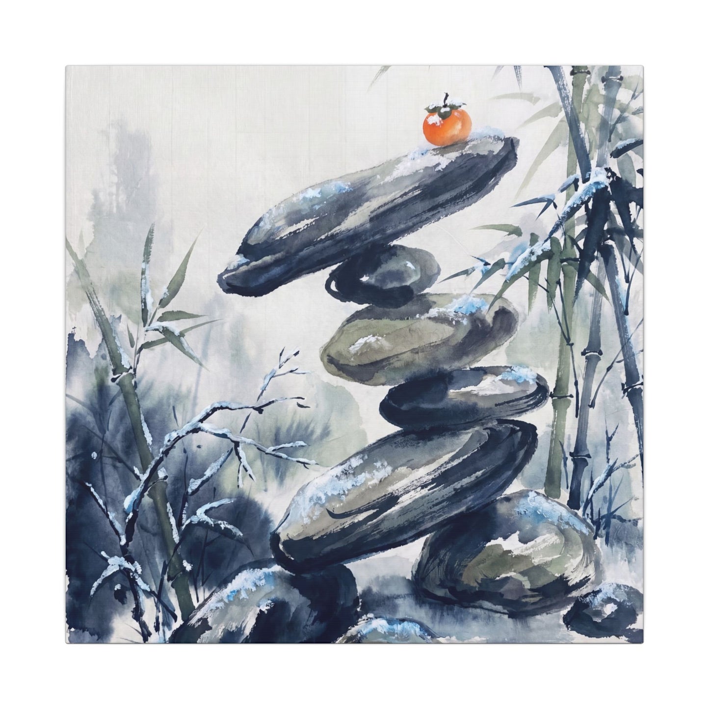 Zen River Stones in Moonlight | Sumi E Canvas Art