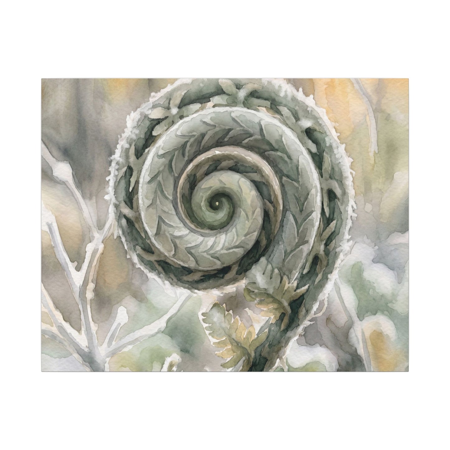 Winter Fern Unfurling Watercolor Canvas Art | Cozy Decor