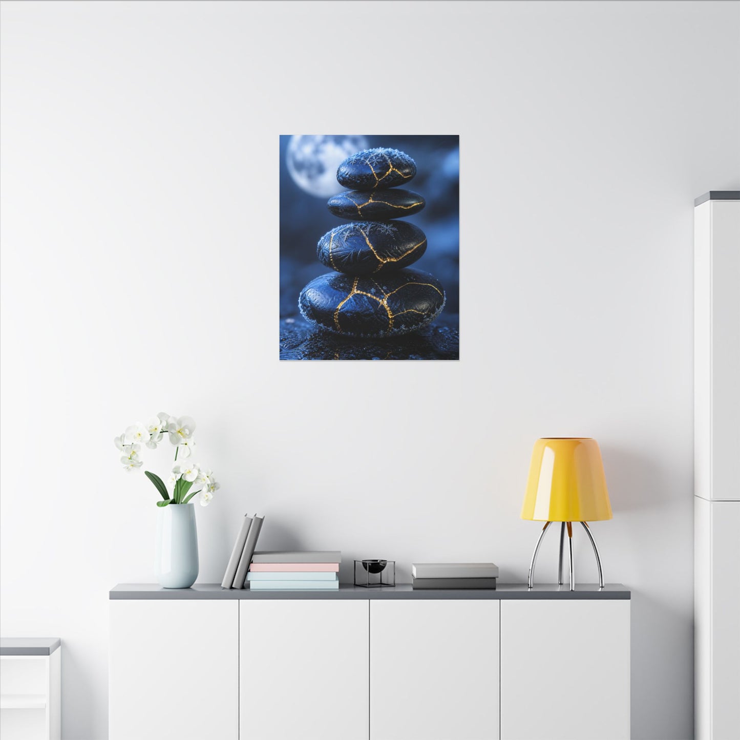 River Stones Canvas Art | Winter Kintsugi Gold Repair Art