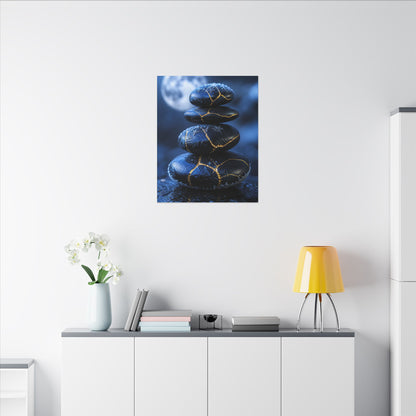 River Stones Canvas Art | Winter Kintsugi Gold Repair Art