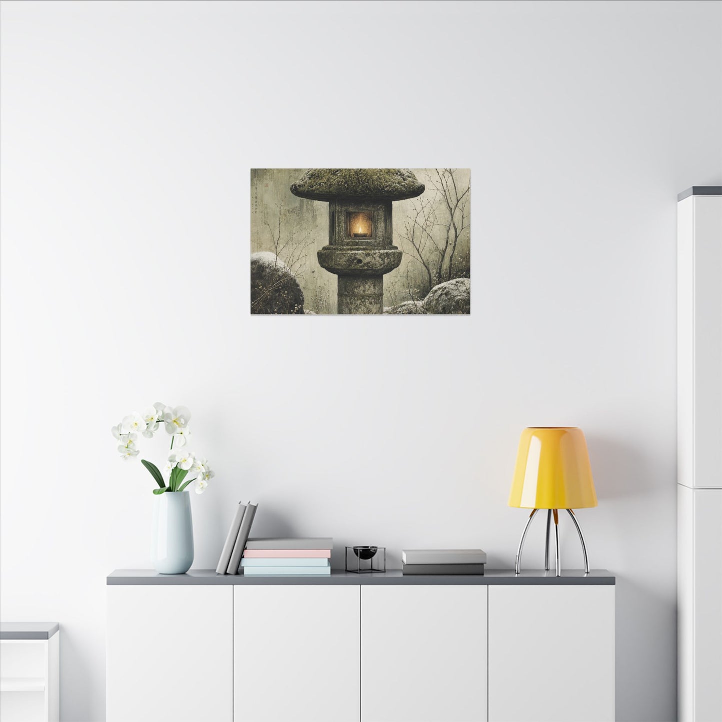 Stone Lantern Winter Canvas Art | Japandi Neutral Design