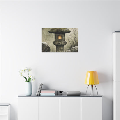 Stone Lantern Winter Canvas Art | Japandi Neutral Design