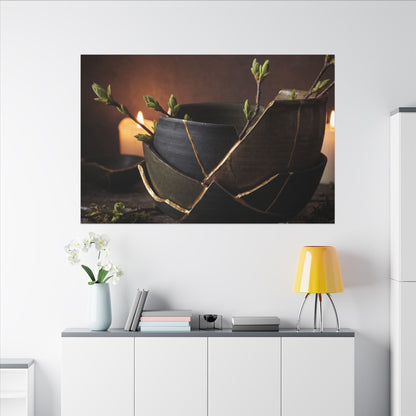 Broken Pottery Spring Canvas Art | Dark Japandi Luxurious Design
