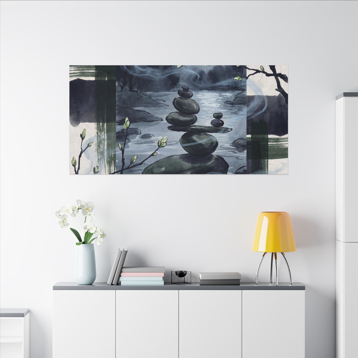 Moonlight River Stones Canvas Art - Zen Shibui