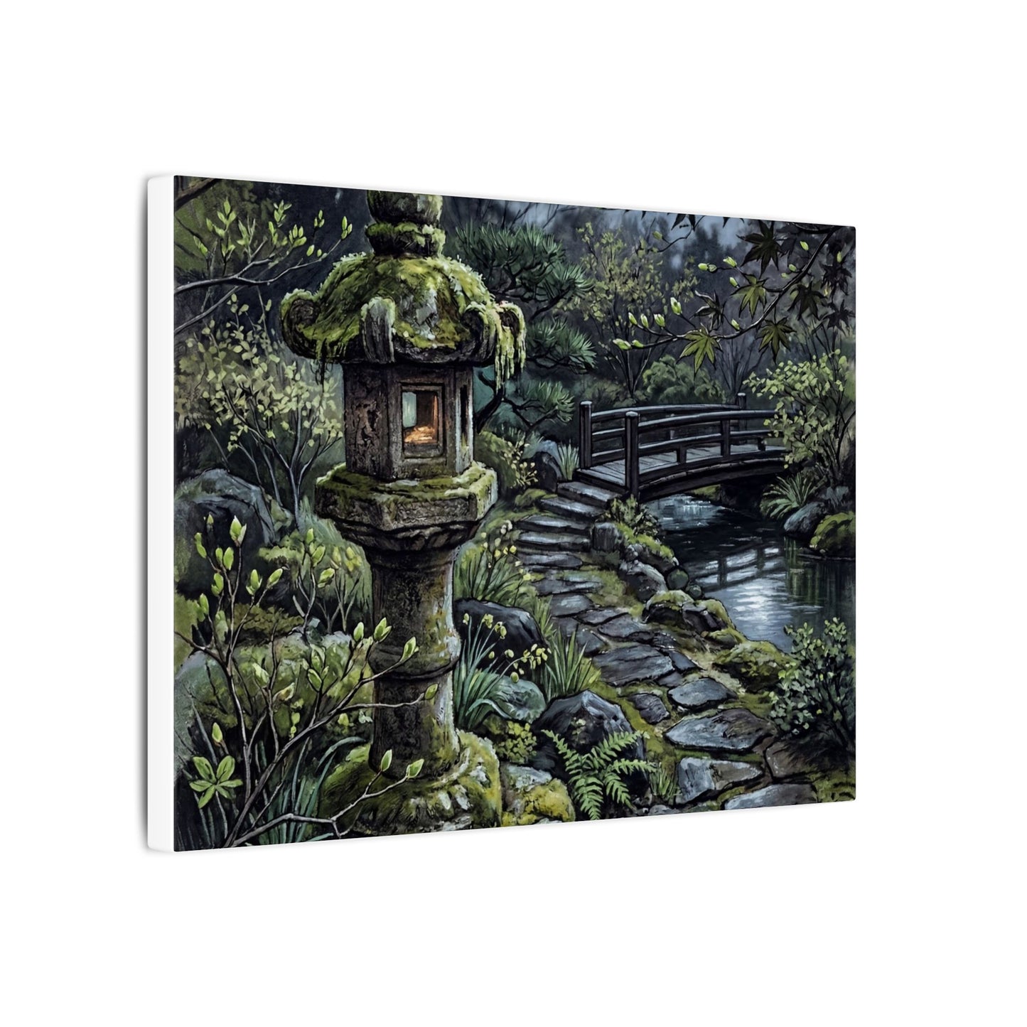 Japandi Stone Lantern in Moonlight | Texture Canvas Art