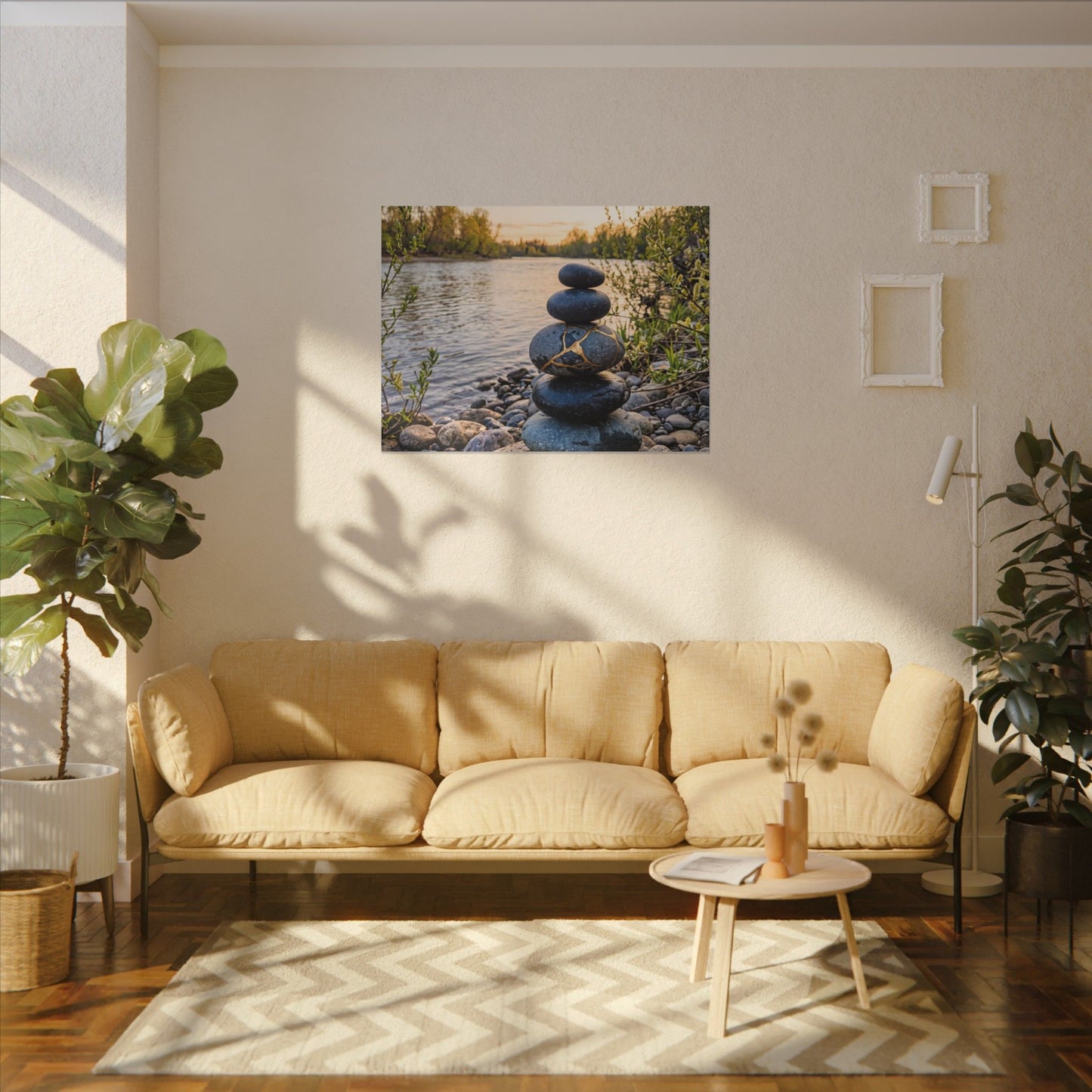 Kintsugi River Stones in Golden Hour | Gold Vein Canvas Art