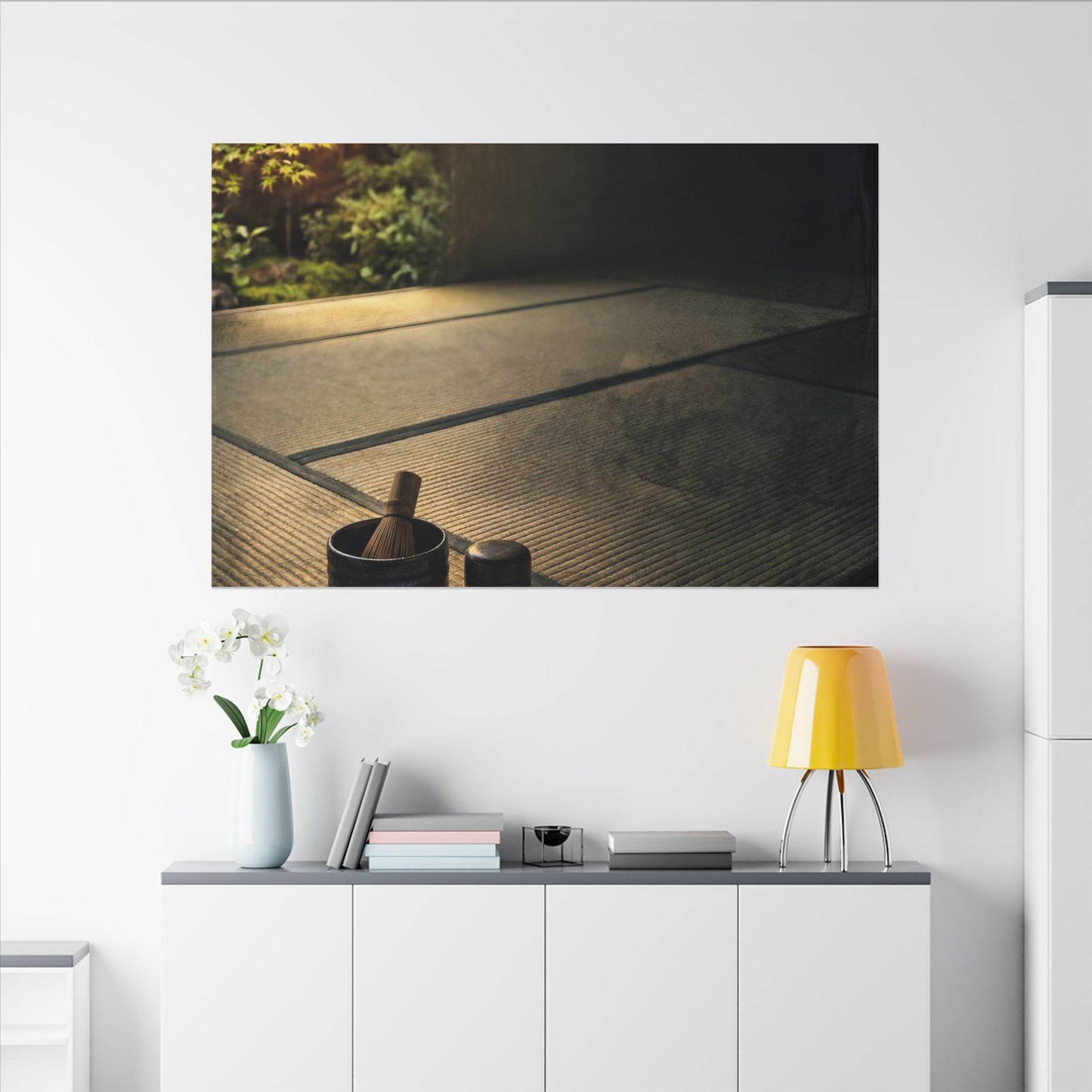 Dark Japandi Tea Ceremony in Golden Hour | Dark Texture Canvas Art