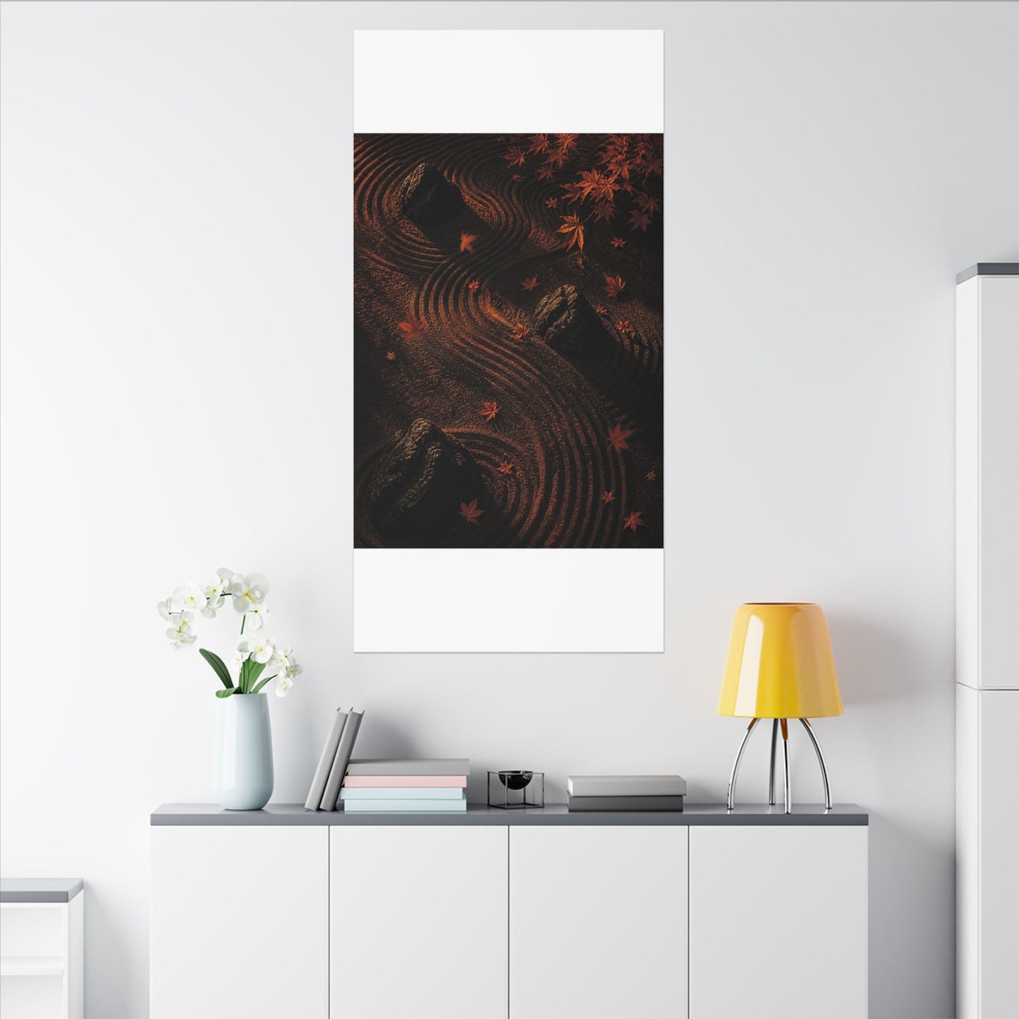 Dark Japandi Rock Garden in Golden Hour | Charcoal Ink Canvas Art
