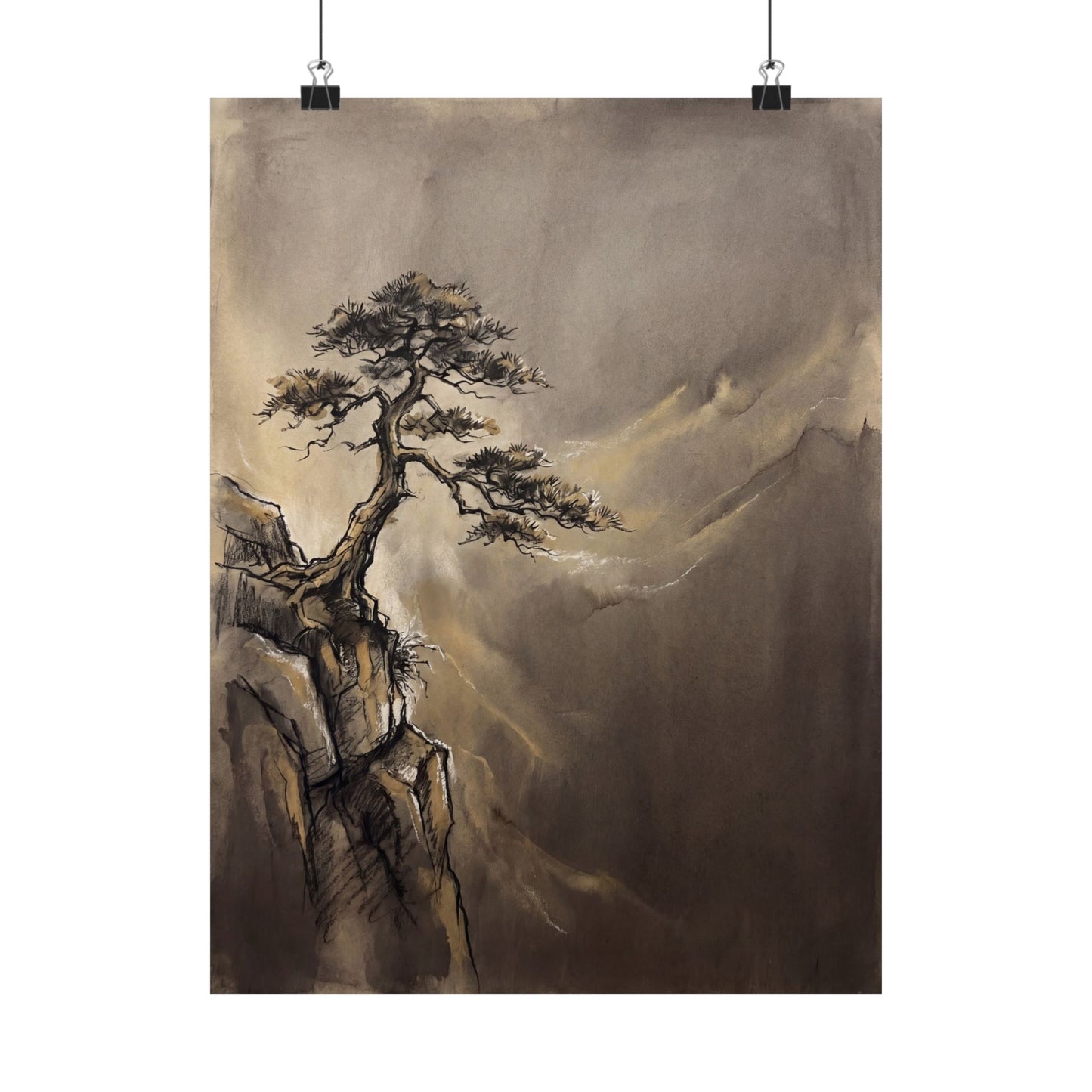 Golden Hour Pine Tree Wall Art Print - Dark Japandi Ma Art Print