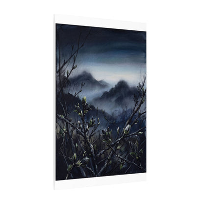 Mountain Mist Spring Canvas Art | Dark Japandi Atmospheric Design