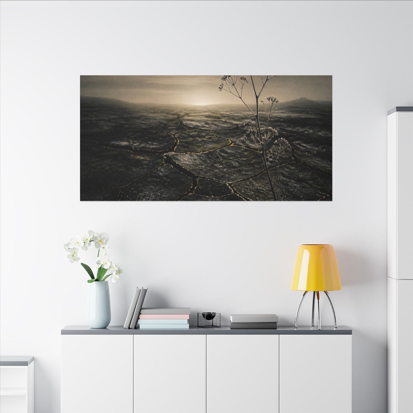 Dawn Cracked Earth Canvas Art - Dark Japandi Mono No Aware