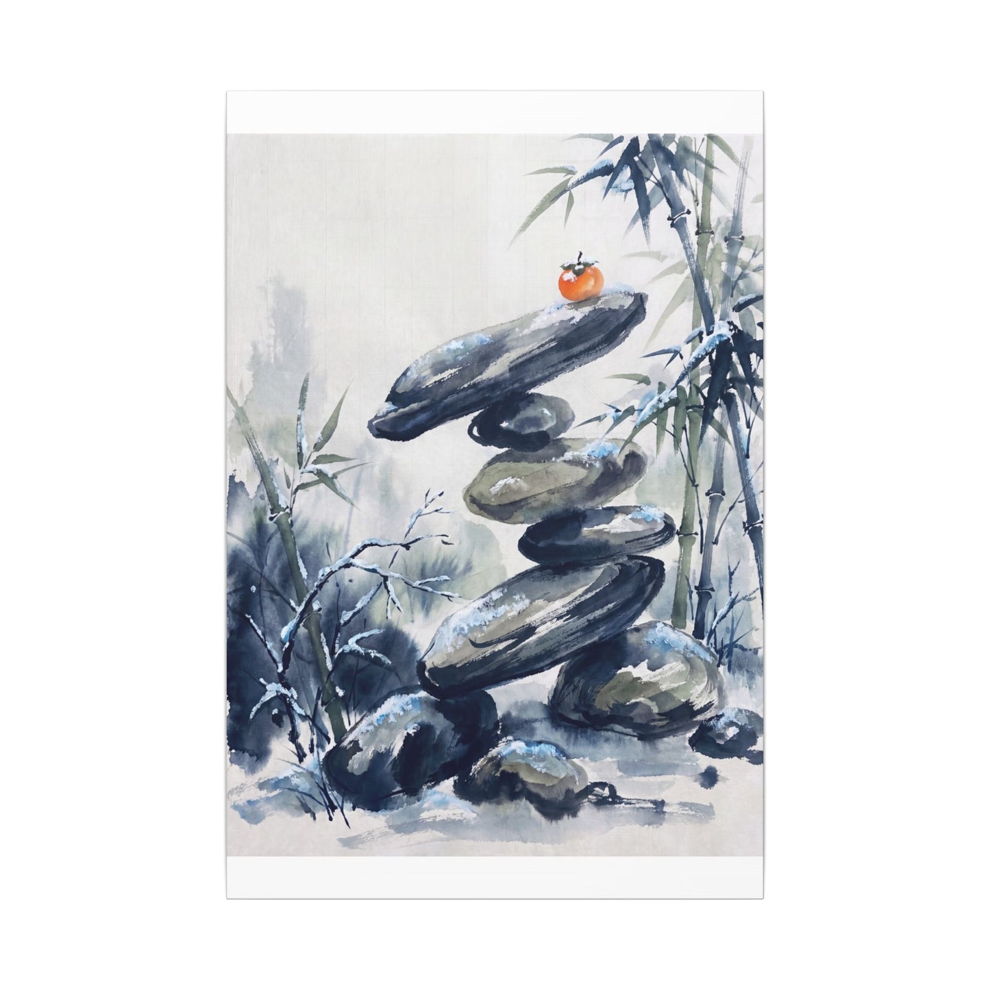 Zen River Stones in Moonlight | Sumi E Canvas Art