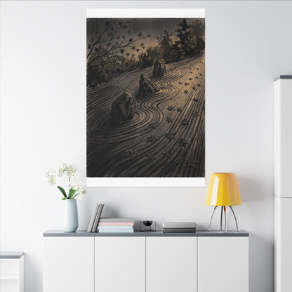 Rock Garden Canvas Art | Autumn Dark Japandi Charcoal Ink Art