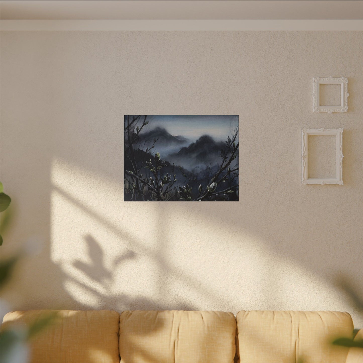 Mountain Mist Spring Canvas Art | Dark Japandi Atmospheric Design