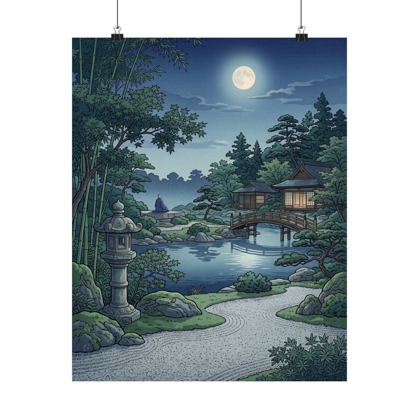 Kanso Moonlit Garden Wall Art Print - Zen Ukiyo E Inspired