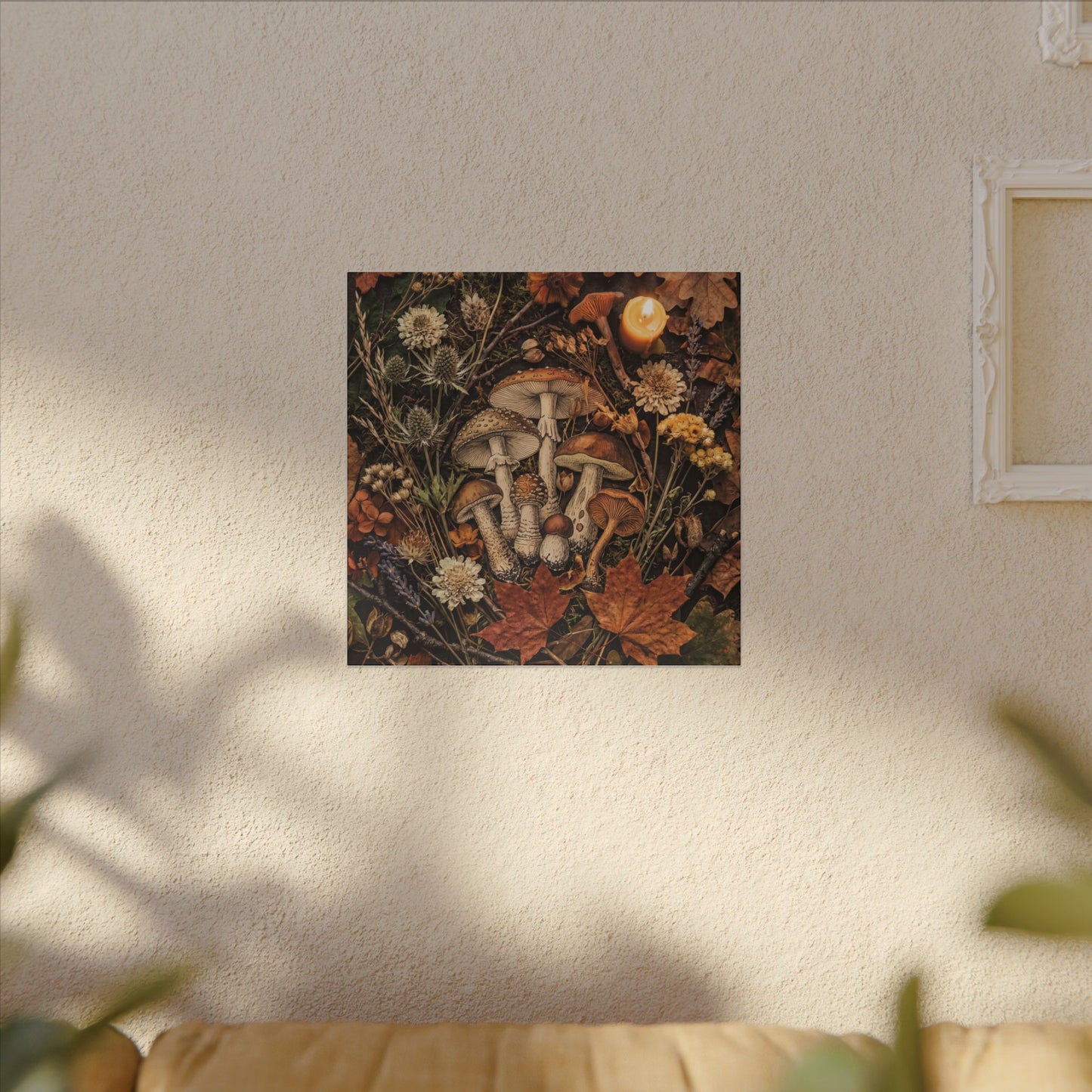 Autumn Dried Flowers Mushroom Illustration Canvas Art | Earthy Decor