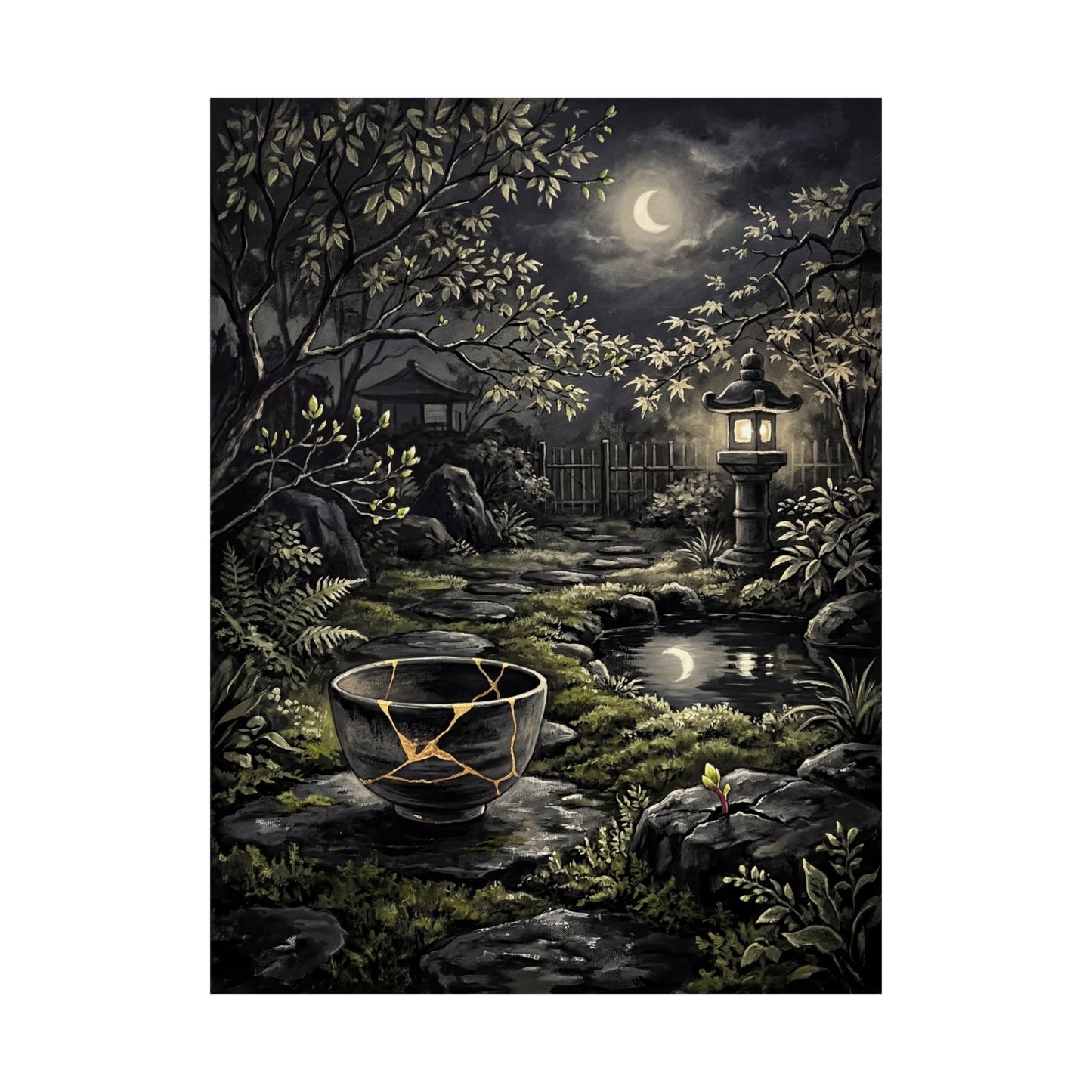 Kintsugi Moonlit Garden in Dappled | Gold Repair Wall Art Print