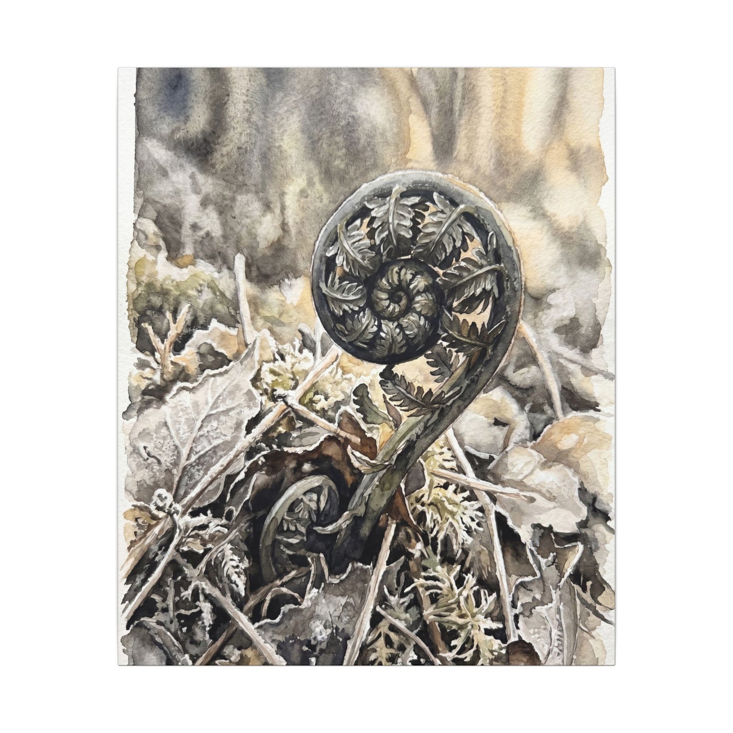 Japandi Fern Unfurling in Golden Hour | Watercolor Canvas Art