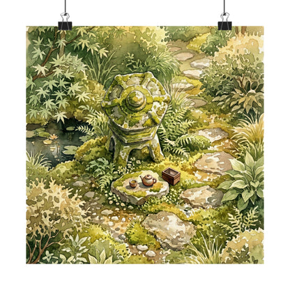 Japandi Stone Lantern in Golden Hour | Watercolor Wall Art Print