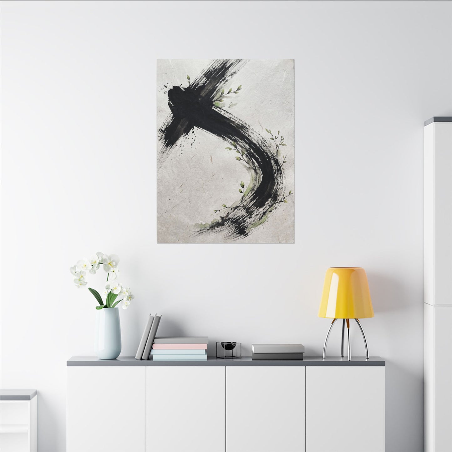 Ink Brushstroke Spring Canvas Art | Dark Japandi Sophisticated Design