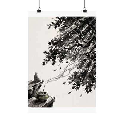Contemplative Incense Smoke Wall Art Print - Ukiyo E Inspired Zen Art Print