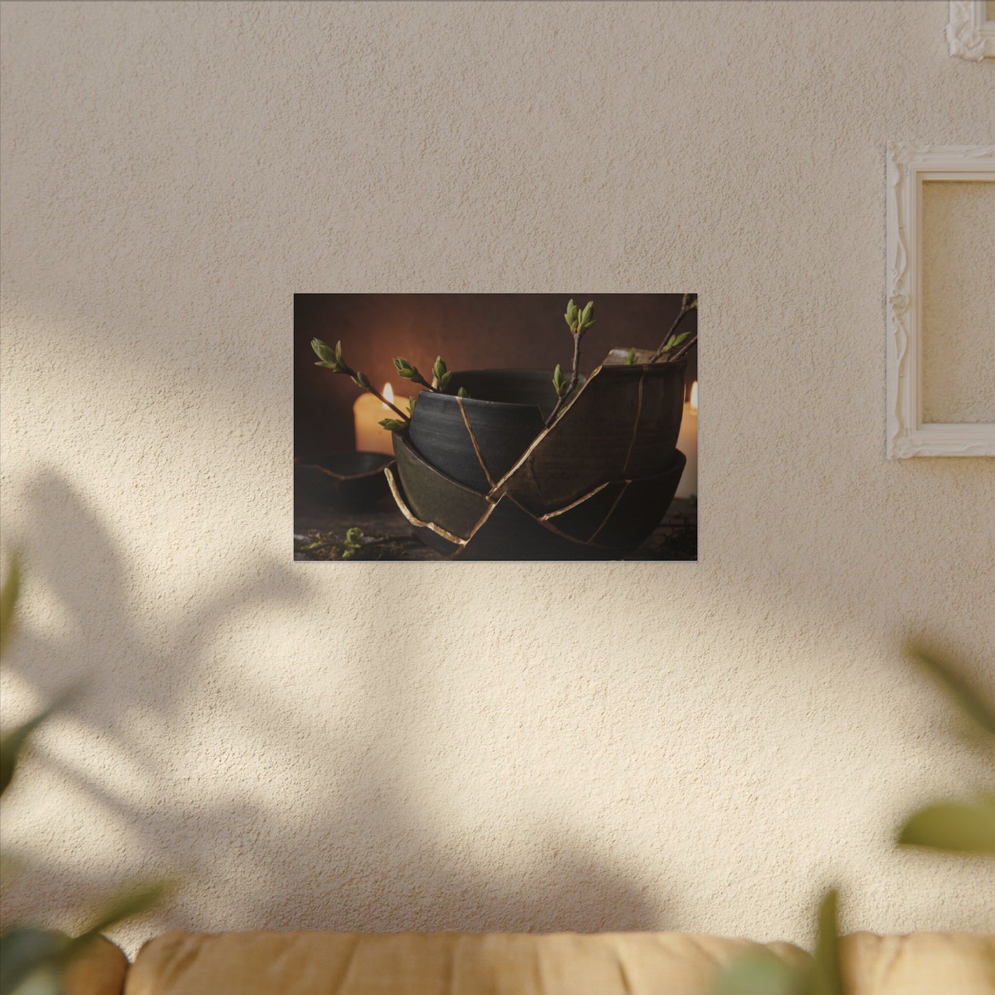 Broken Pottery Spring Canvas Art | Dark Japandi Luxurious Design
