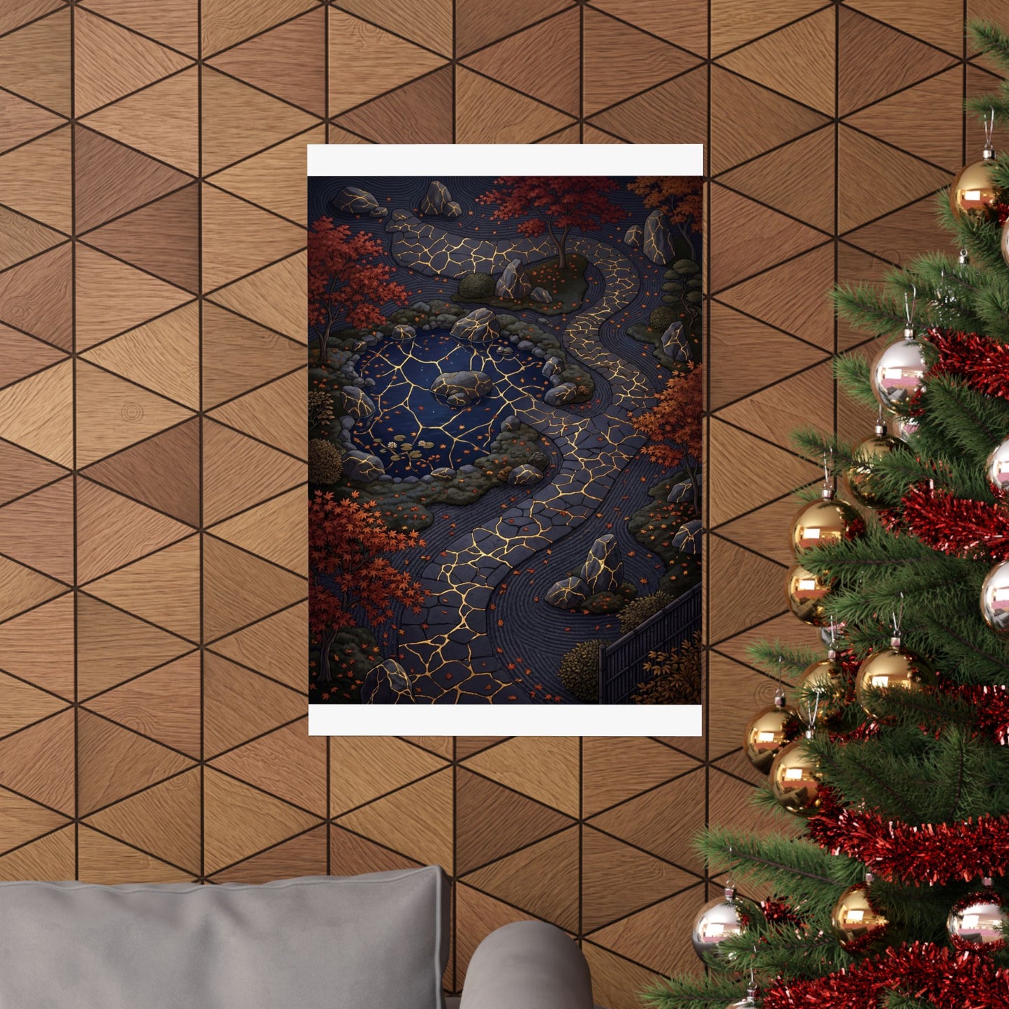 Moonlit Garden Wall Art Print | Autumn Kintsugi Gold Vein Art