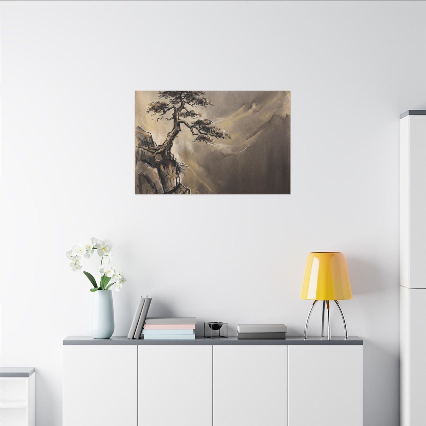 Pine Tree Charcoal Ink Canvas Art | Luxurious Dark Japandi Art