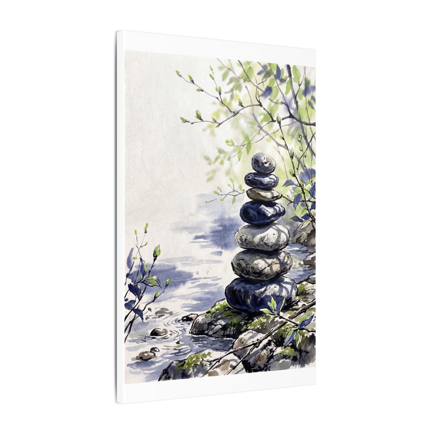 River Stones Sumi E Canvas Art | Serene Zen Art