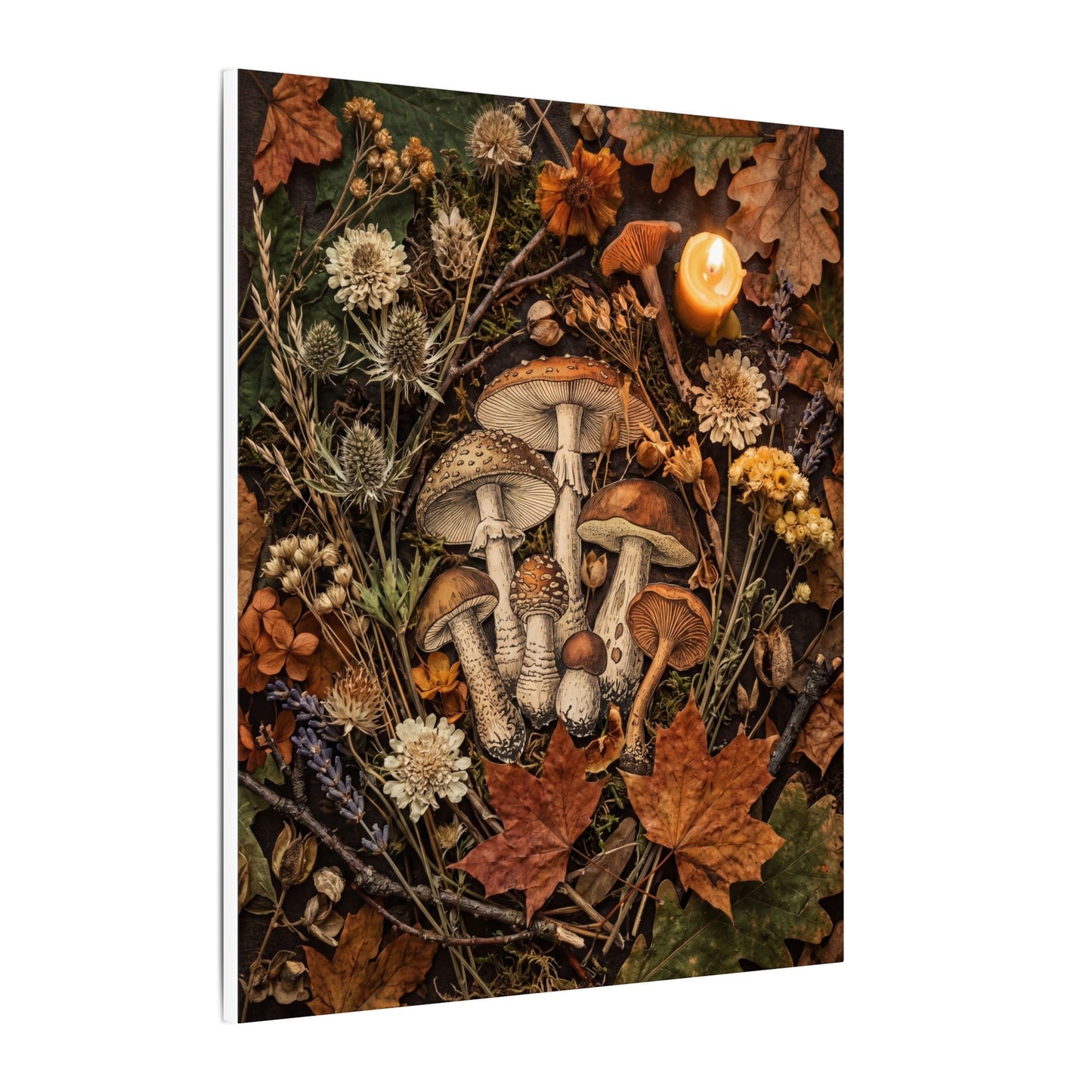 Autumn Dried Flowers Mushroom Illustration Canvas Art | Earthy Decor