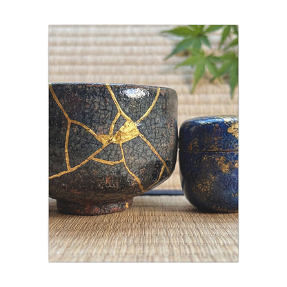 Tea Ceremony Crackle Gold Canvas Art | Philosophical Kintsugi Art