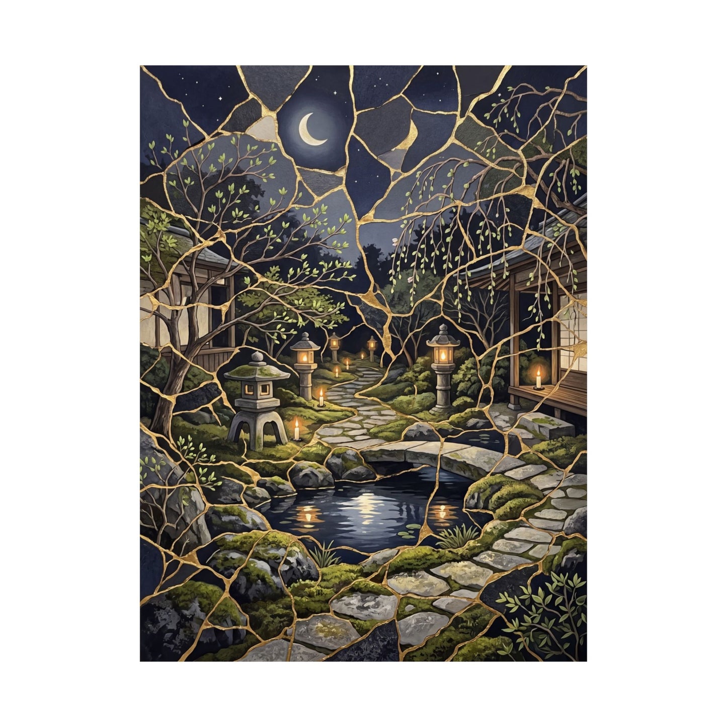 Spring Moonlit Garden Gold Vein Wall Art Print | Artful Decor