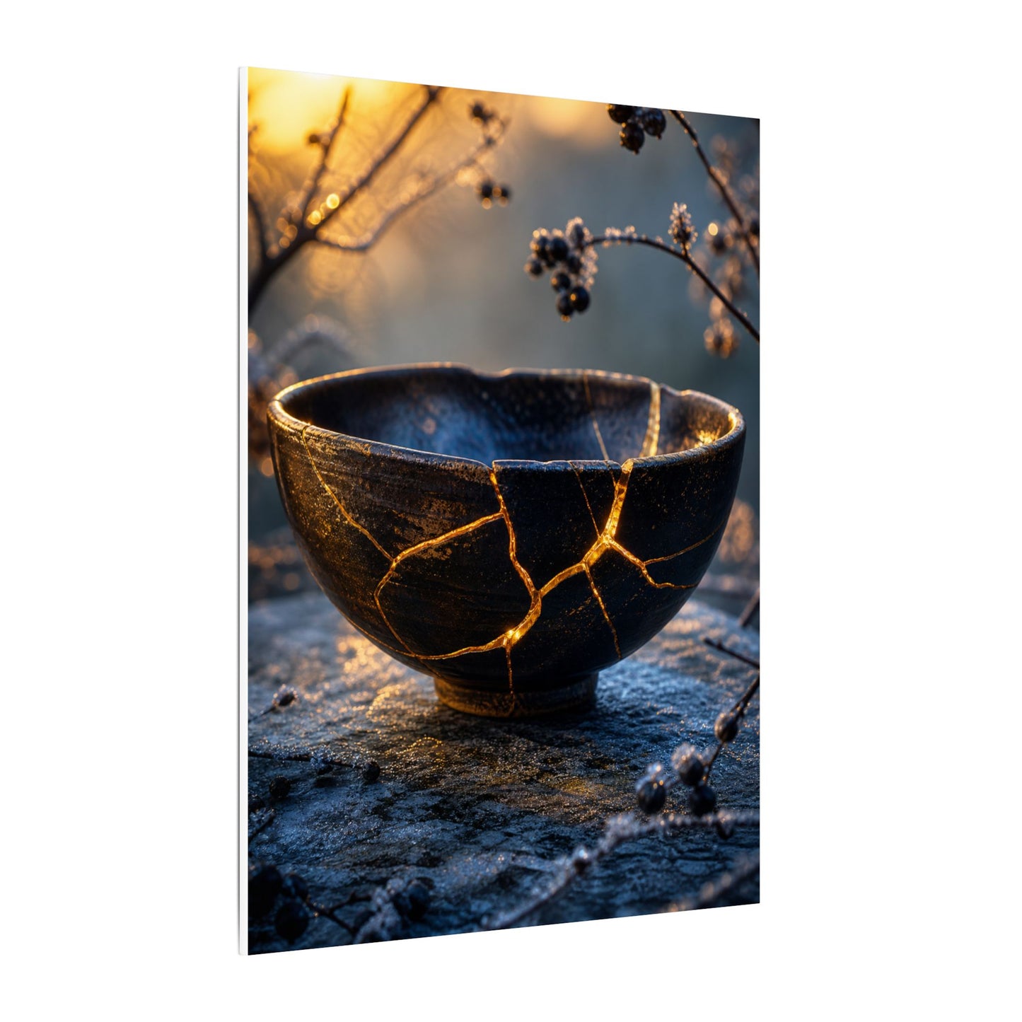 Ceramic Bowl Canvas Art | Winter Kintsugi Gold Repair Art