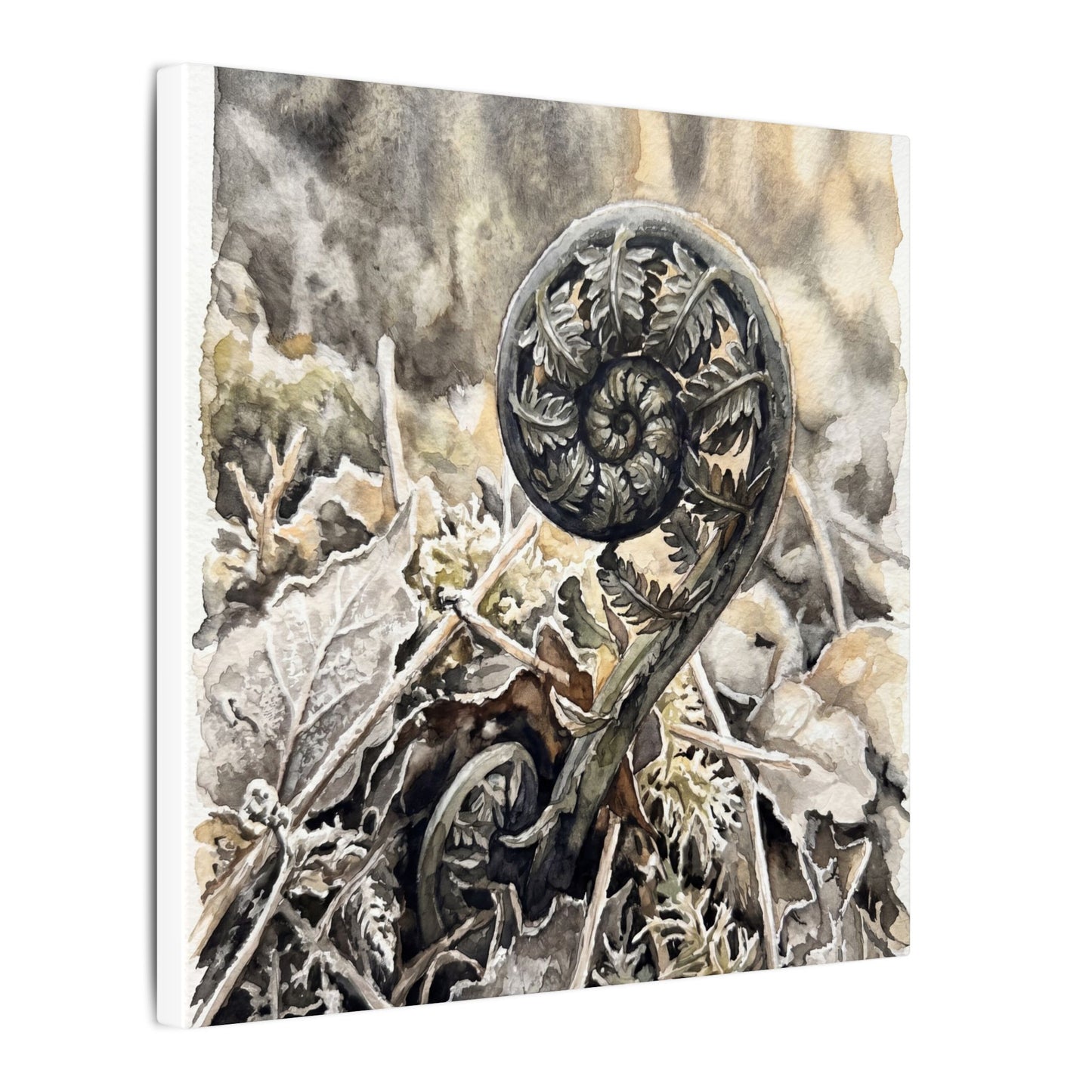 Japandi Fern Unfurling in Golden Hour | Watercolor Canvas Art