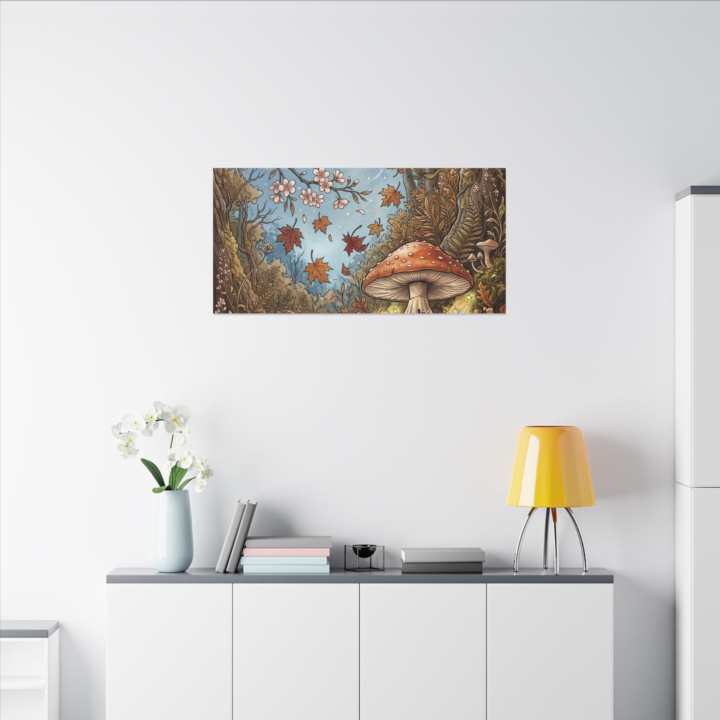 Autumn Cherry Blossom Mushroom Illustration Canvas Art | Enchanting Decor