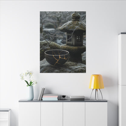 Stone Lantern Canvas Art | Winter Kintsugi Gold Repair Art