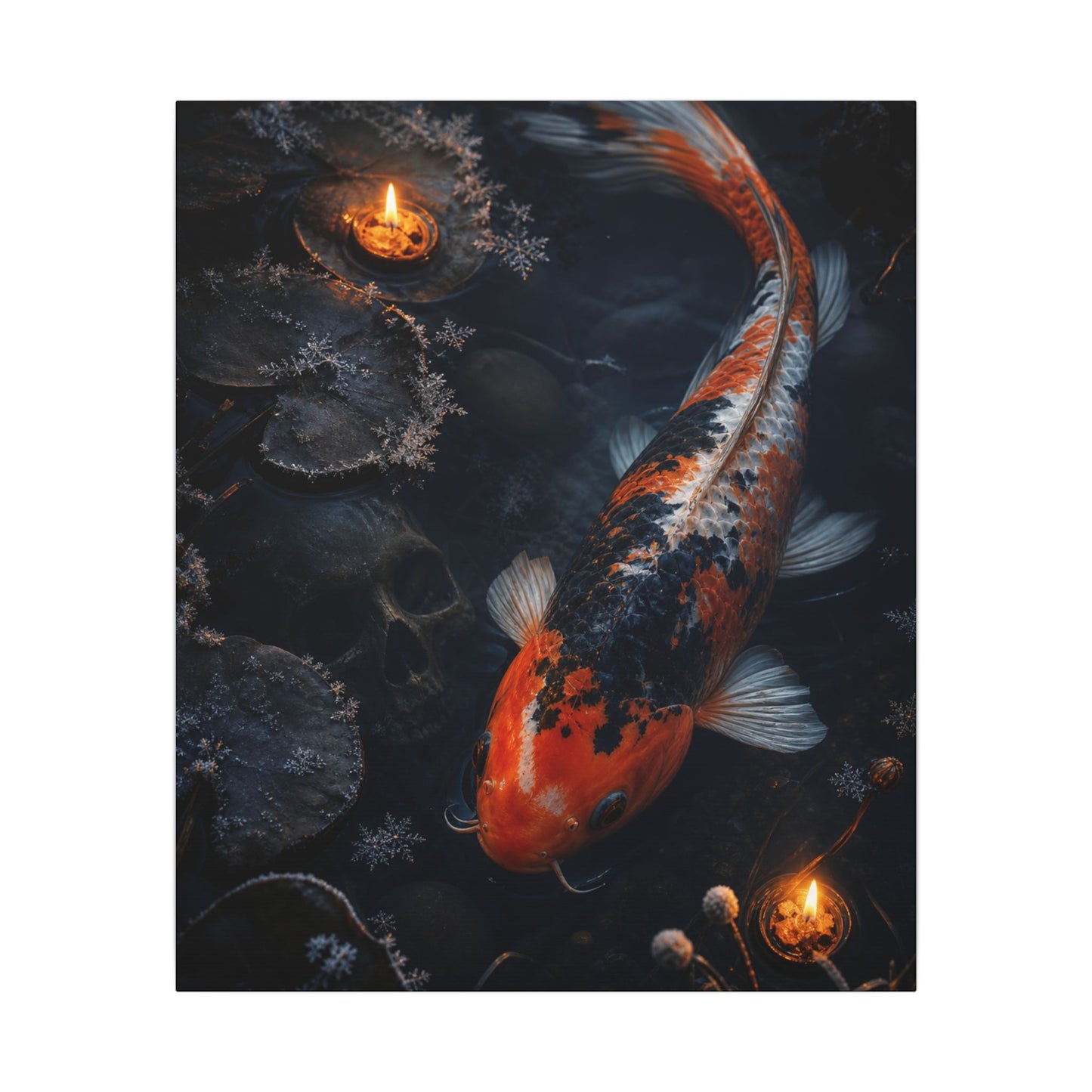 Koi Pond Canvas Art | Winter Dark Japandi Shadow Zen Art