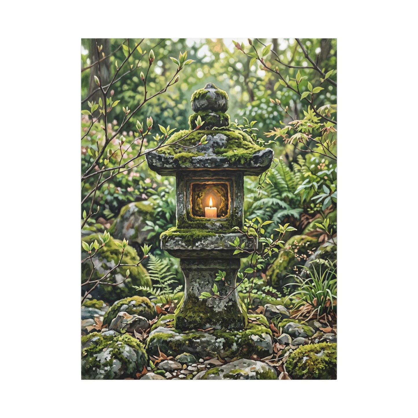 Neutral Stone Lantern Canvas Art - Japanese Pattern Japandi