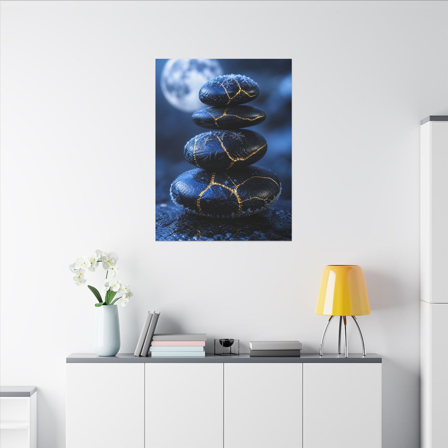 River Stones Canvas Art | Winter Kintsugi Gold Repair Art