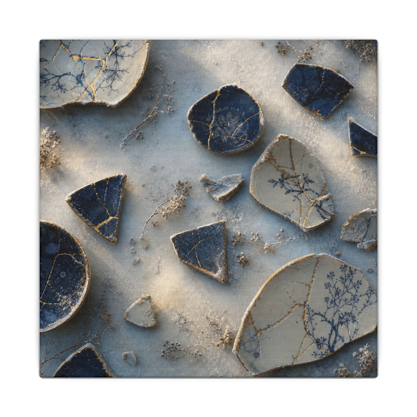 Broken Pottery Canvas Art | Winter Kintsugi Gold Vein Art