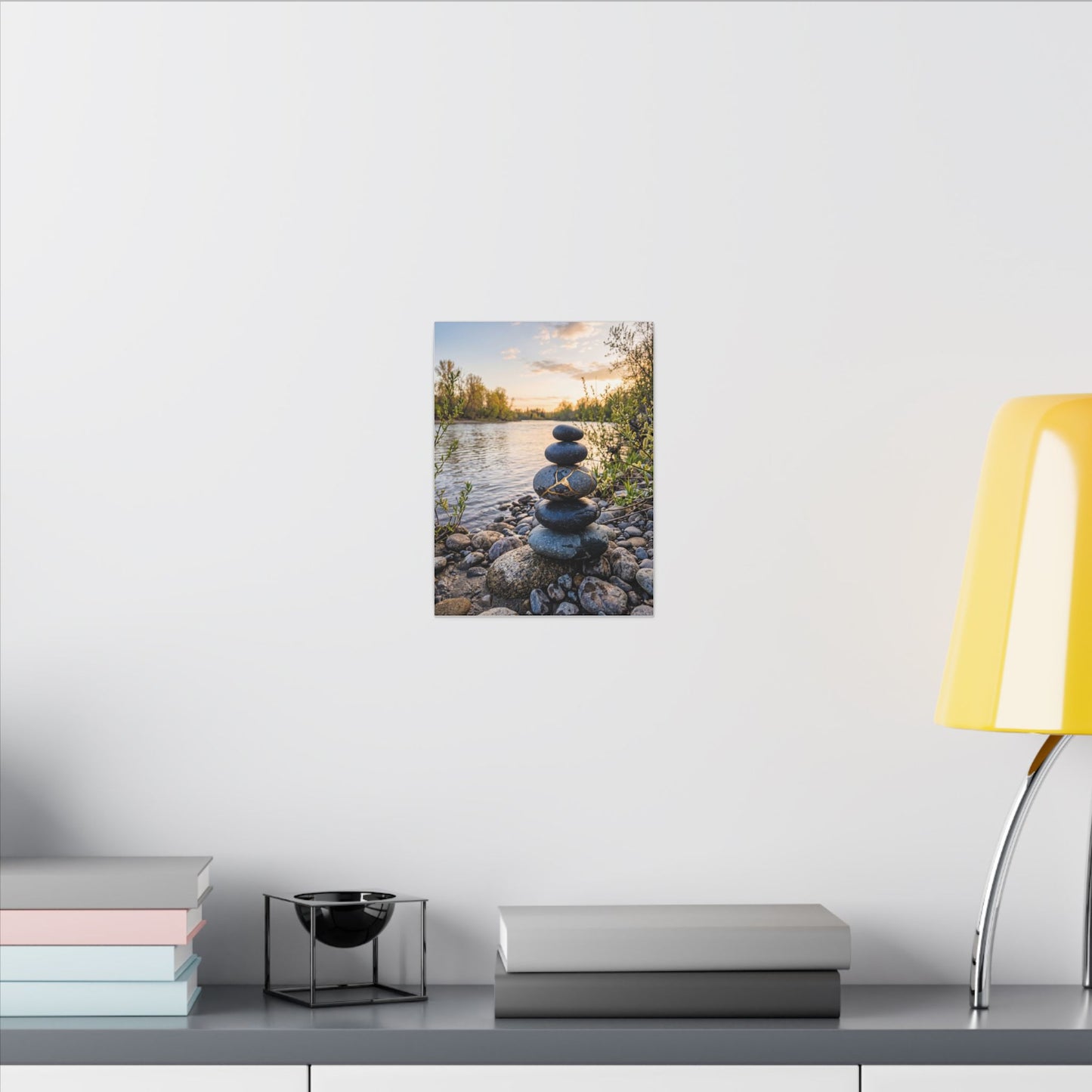 Kintsugi River Stones in Golden Hour | Gold Vein Canvas Art