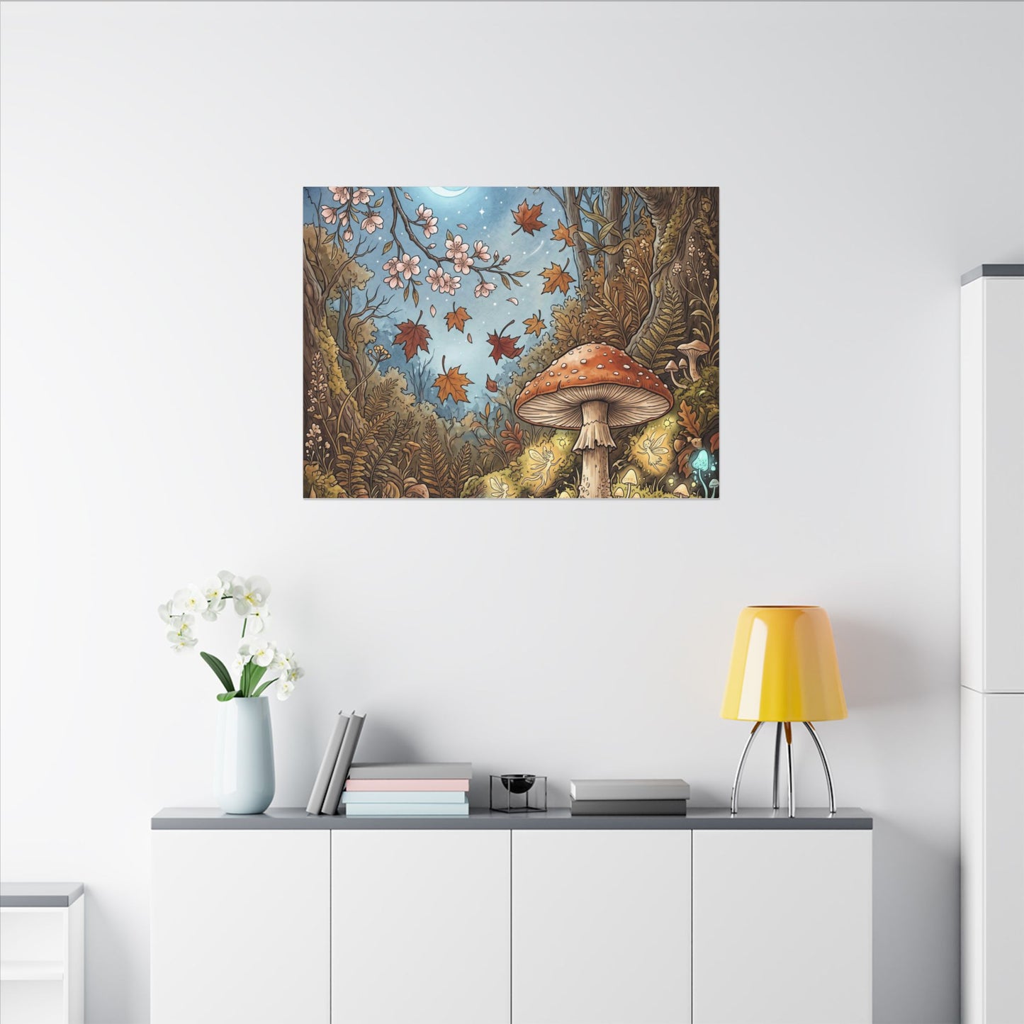 Autumn Cherry Blossom Mushroom Illustration Canvas Art | Enchanting Decor