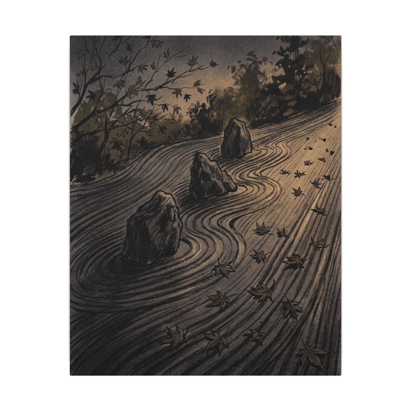 Rock Garden Canvas Art | Autumn Dark Japandi Charcoal Ink Art