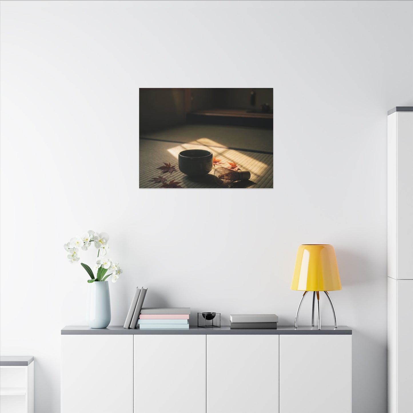 Dark Japandi Tea Ceremony in Golden Hour | Moody Minimal Canvas Art