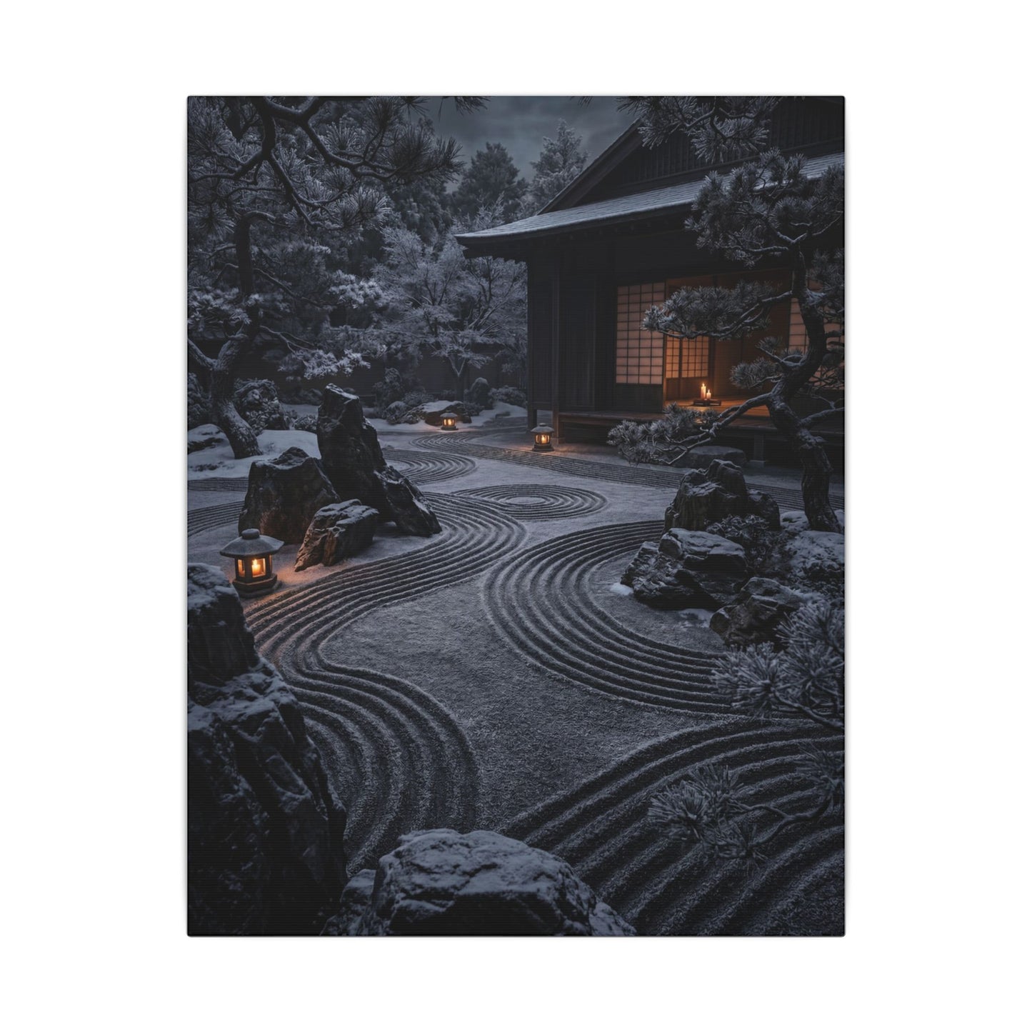 Candlelight Rock Garden Canvas Art - Dark Japandi Fukinsei