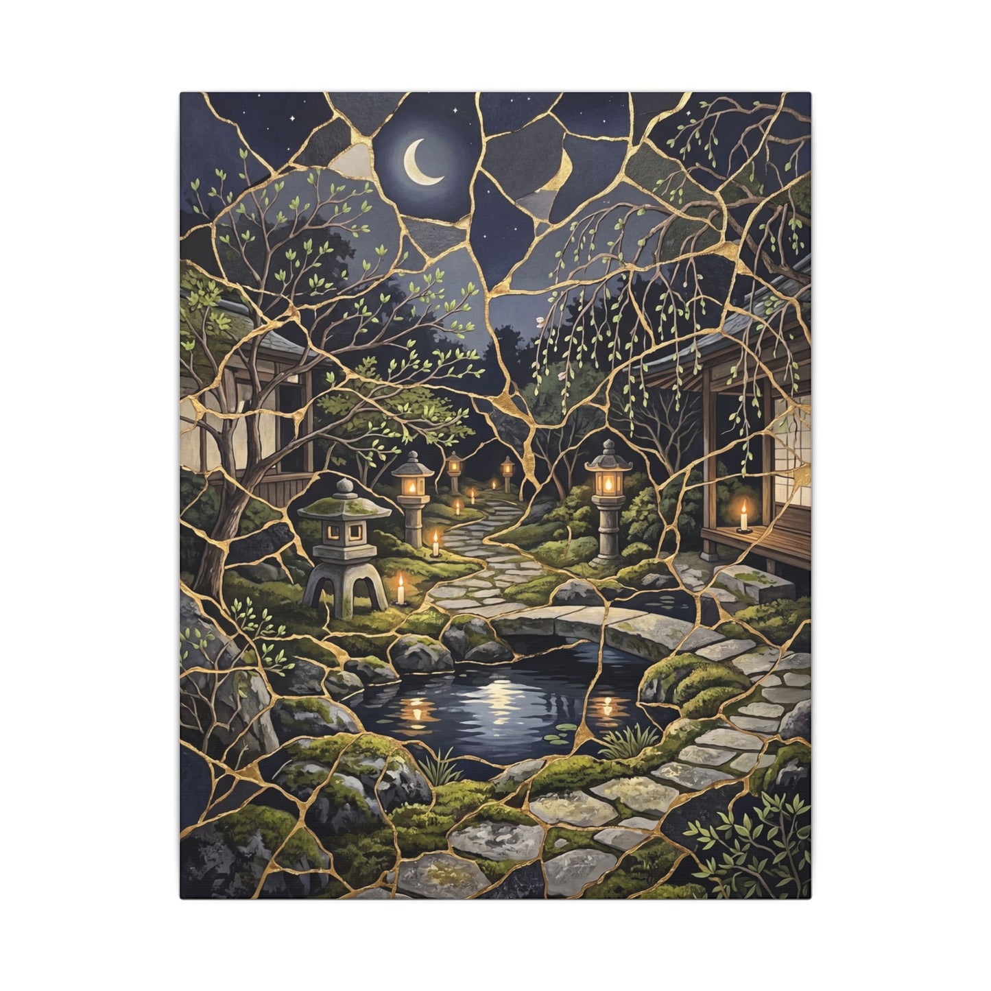 Kintsugi Moonlit Garden in Candlelight | Gold Vein Canvas Art