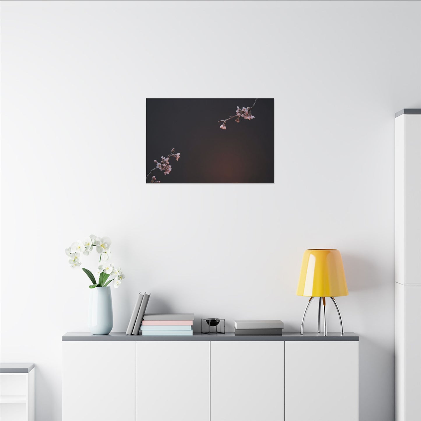 Dark Japandi Cherry Blossom in Candlelight | Moody Minimal Canvas Art