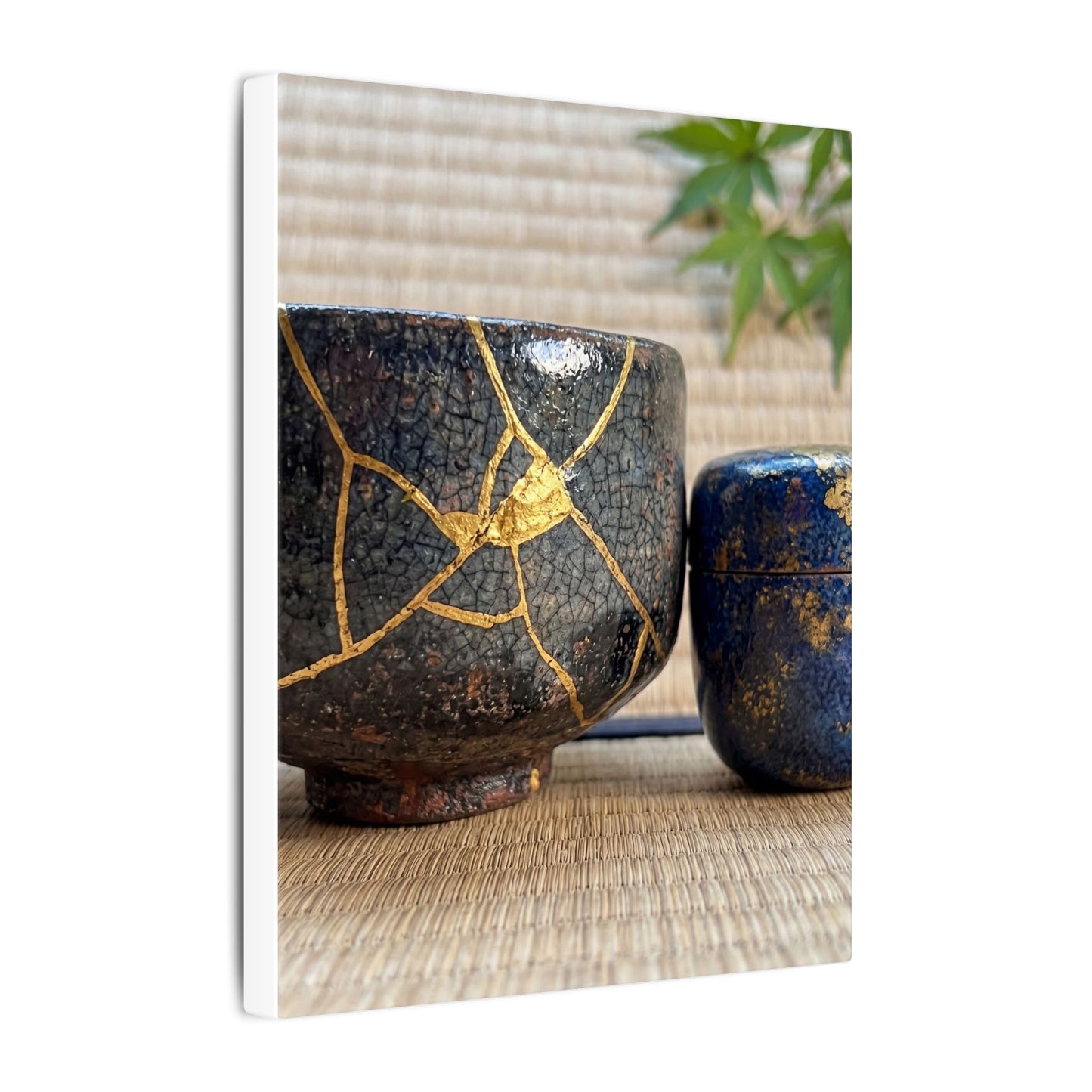 Tea Ceremony Crackle Gold Canvas Art | Philosophical Kintsugi Art