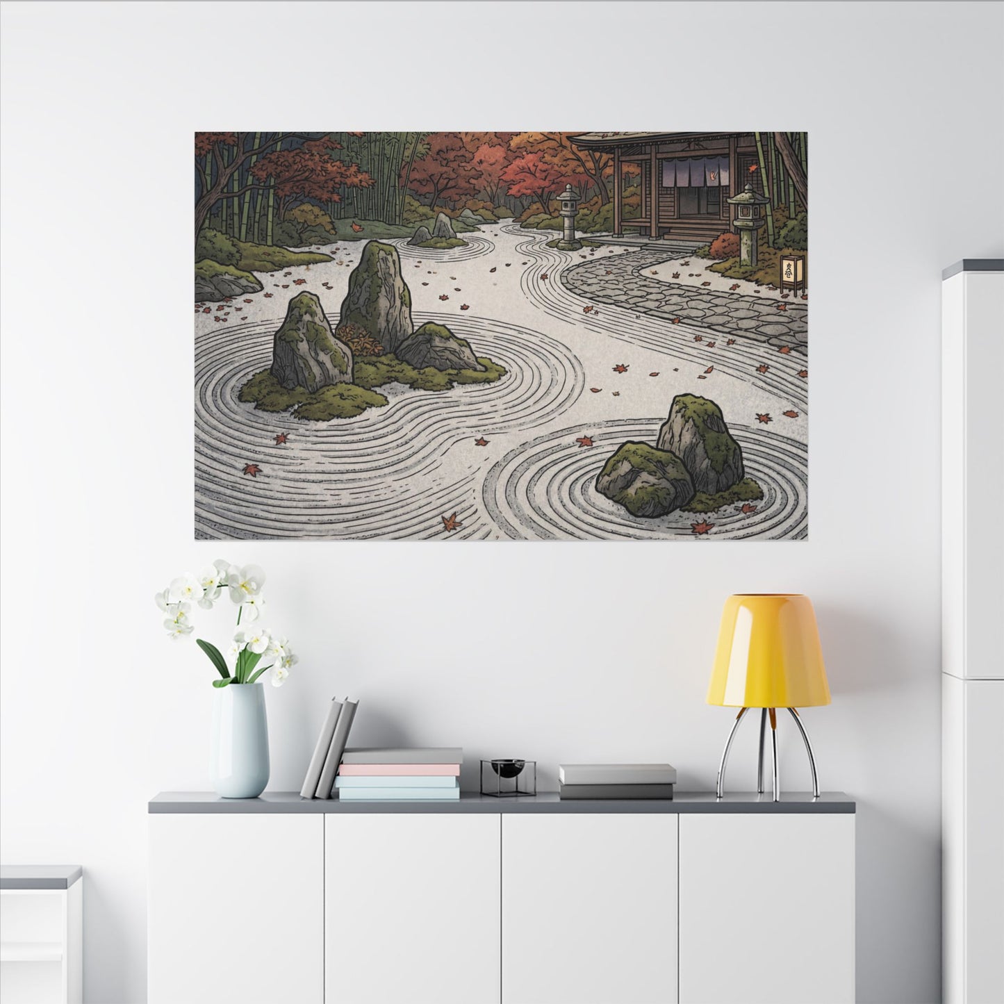 Autumn Rock Garden Ukiyo E Inspired Canvas Art | Peaceful Decor