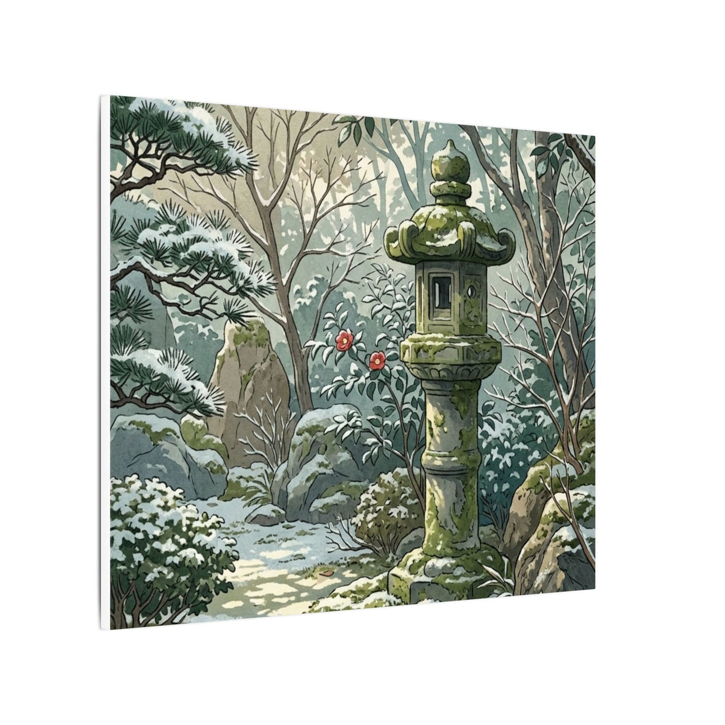 Stone Lantern Winter Canvas Art | Japandi Warm Design